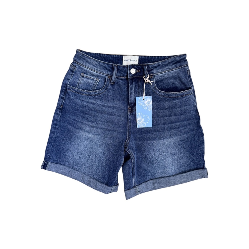 Poppy & Grace Womens Dark Wash Cuffed Denim Jean 6.5" Shorts‎ Size 26 NWT
